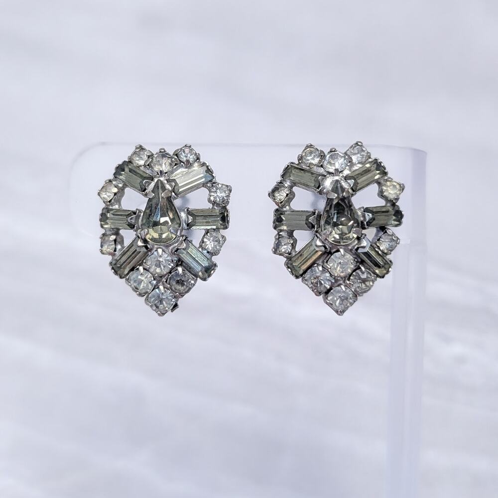Vintage Clip On Earrings Stylish Smokey Tone Gems Large Regal Art Deco Style